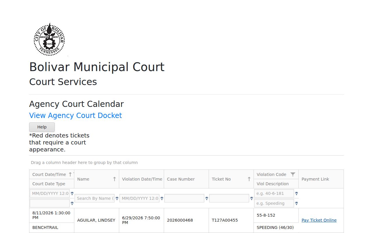 Bolivar criminal citation record calendar in Courtware