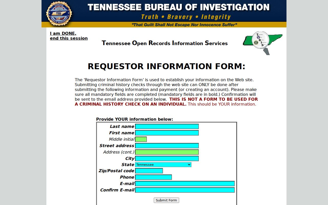 Hardeman County criminal record TORIS requester form