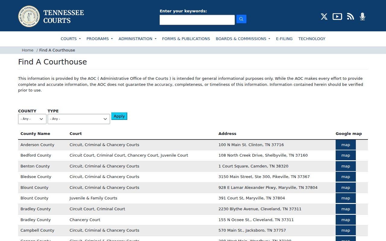 Tennessee courthouse directory for Hardeman County criminal court records