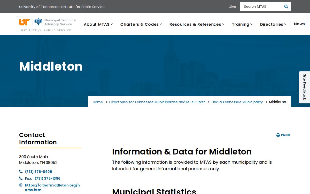 Middleton criminal record contact details in the MTAS city directory